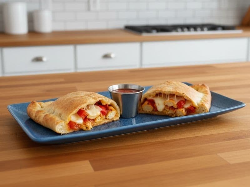 Zizzi Calzone Carne Piccante served on a blue plate, filled with spicy Italian meats, melted cheese, and roasted red peppers, accompanied by a small pot of marinara dipping sauce on a wooden kitchen counter.