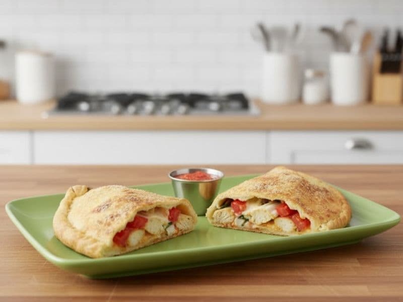 Zizzi Calzone Pollo Spinaci served on a green plate, filled with chicken, spinach, and roasted red peppers, accompanied by a small pot of tomato dipping sauce on a wooden kitchen counter.
