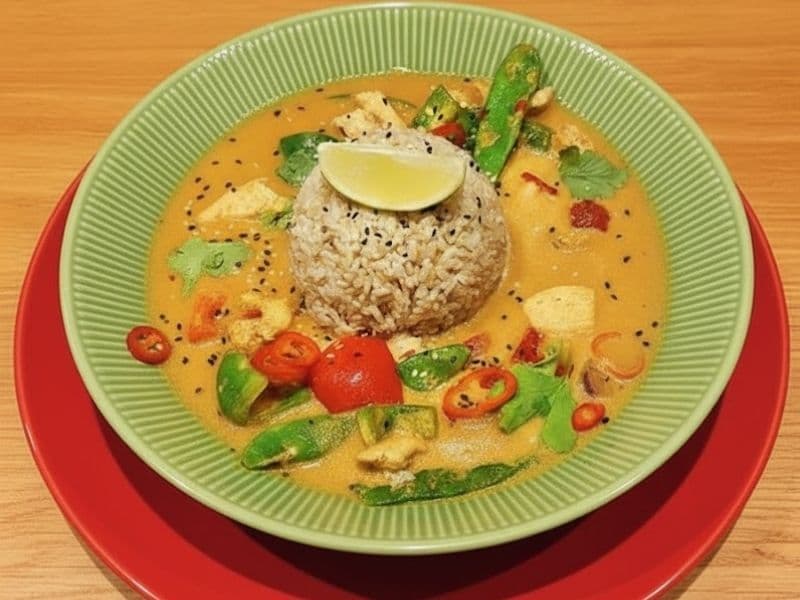 A delicious bowl of Wagamama chicken raisukaree, featuring chicken, vegetables, rice, and a slice of lime, presented in a green bowl on top of a red plate, all resting on a kitchen countertop.