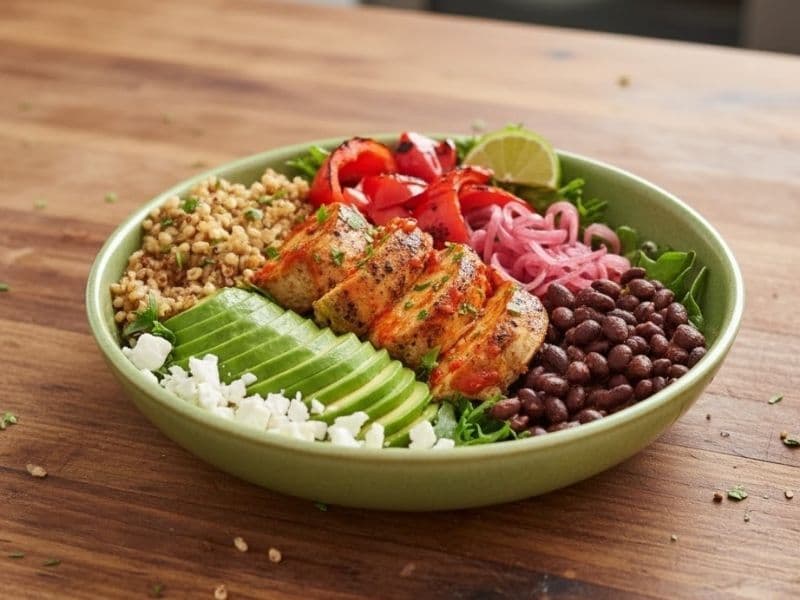 Pret A Manger Chicken Super Plate with grilled chicken breast, roasted sweet potato, avocado, broccoli, and mixed grains served in a clear salad bowl on a wooden countertop.