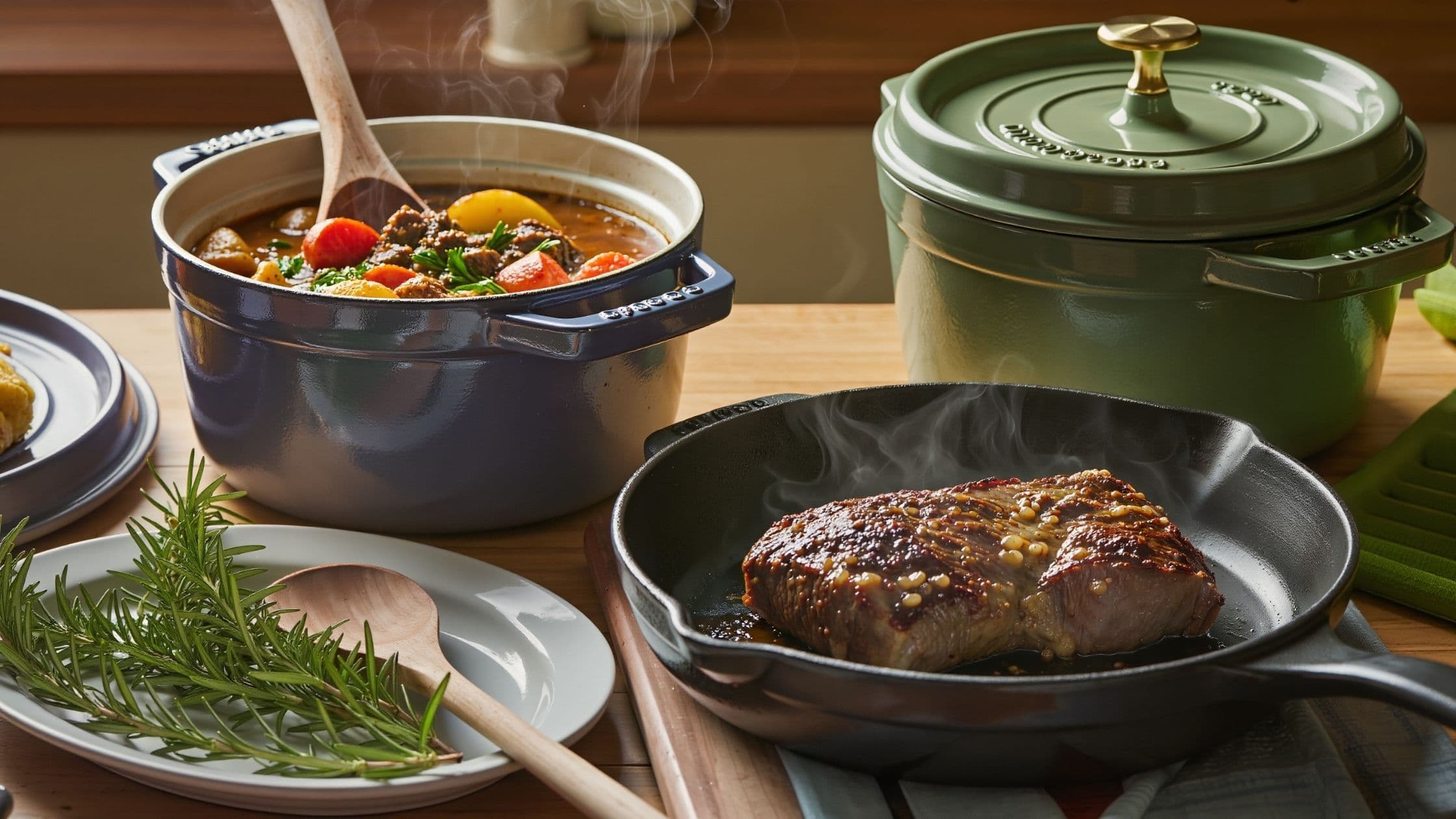 A juicy steak searing in a cast-iron pan beside a colourful beef stew simmering in a Dutch oven, illustrating the contrast between high-heat and slow-cooking techniques.