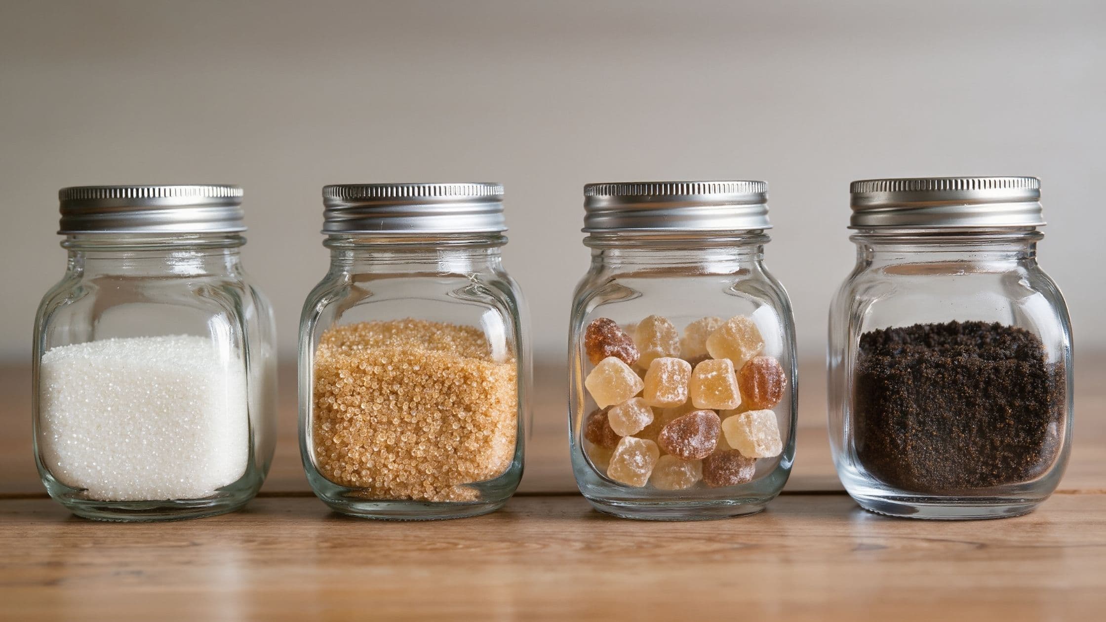 Assorted UK sugars in glass jars.
