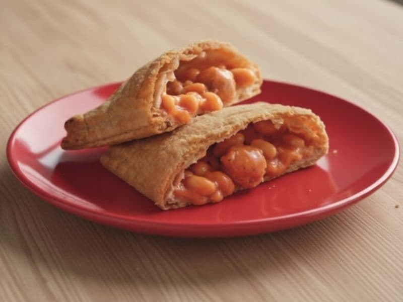 Greggs sausage and bean cheese melt on a red plate on a kitchen counter top.