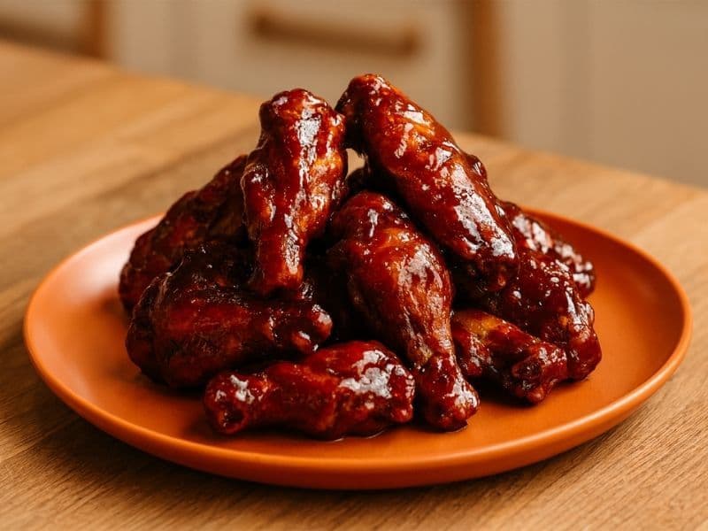Sticky, spicy Wingstop-style chicken wings glazed in a rich, dark red hot sauce, neatly stacked on an orange plate set on a wooden kitchen countertop.