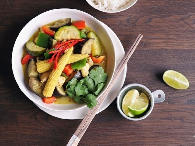 Thai green chicken curry in a white bowl with rice and basil.