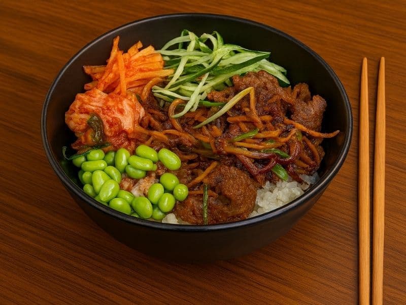 Wagamama-style pulled shiitake donburi served in a black bowl with rice, kimchi, edamame, and shredded vegetables on a wooden countertop with chopsticks beside it.