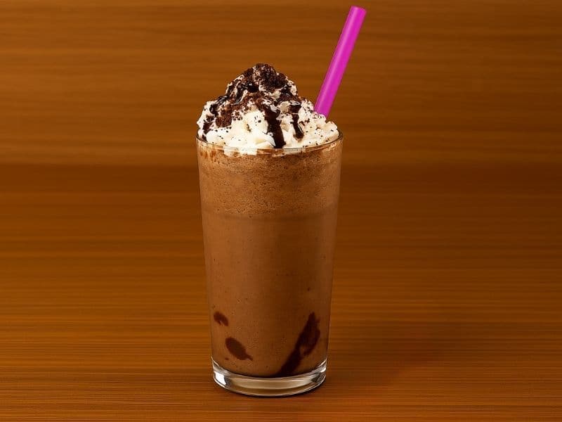 Starbucks-style chocolate Frappuccino in a tall glass topped with whipped cream and chocolate drizzle, pink straw in the drink and a pink spoon on a wooden countertop.