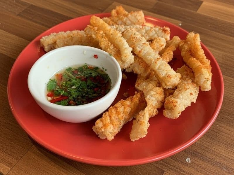 A serving of crispy, fried squid strips, lightly dusted with shichimi powder, arranged on a red circular plate with a small white bowl of spicy vinegar dipping sauce on the side. The dipping sauce is topped with finely chopped red chillies and coriander, and the plate is set on a wooden kitchen countertop.