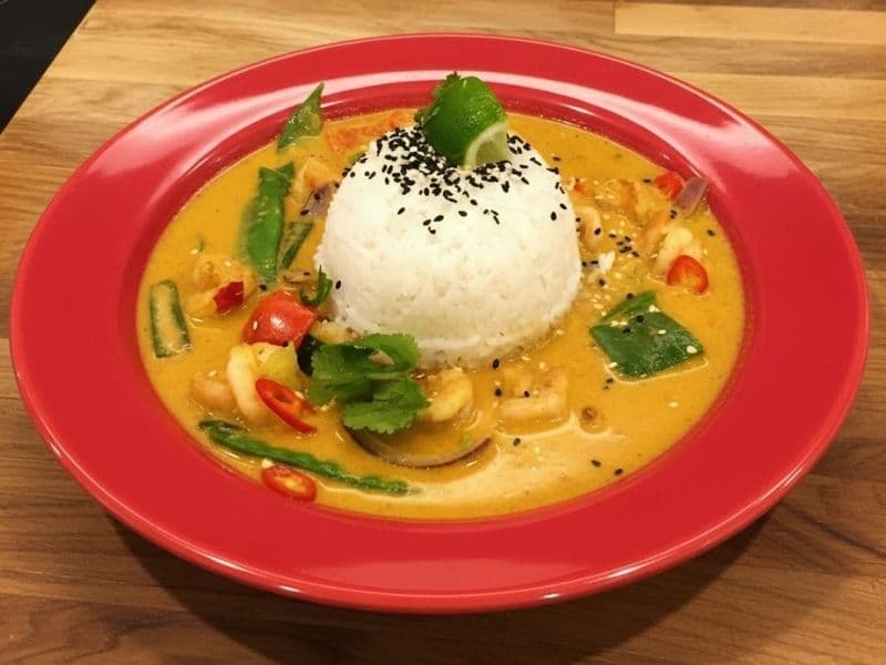A large red plate holds a yellow Thai-style prawn and vegetable curry (resembling Wagamama's Prawn Raisukaree) with a mound of white rice, black sesame seeds, and a lime wedge. The plate is set on a wooden kitchen countertop.