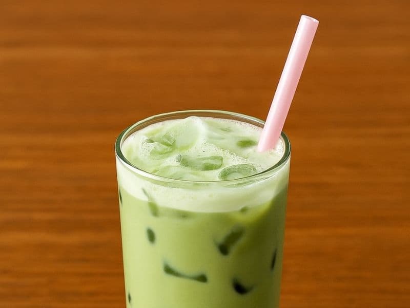 Starbucks-style iced matcha latte served in a tall glass with ice cubes and a pink straw on a wooden countertop.
