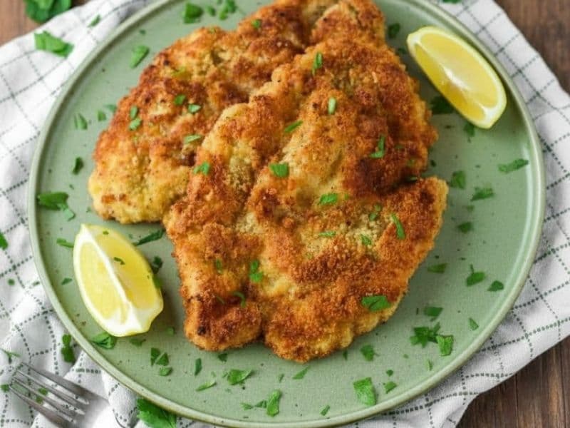Chicken schnitzel on a green plate with lemon and parsley.