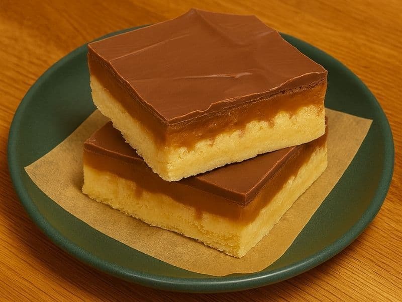 Two rich Costa-style millionaire’s shortbread squares stacked on a green plate with parchment paper, resting on a wooden kitchen countertop.