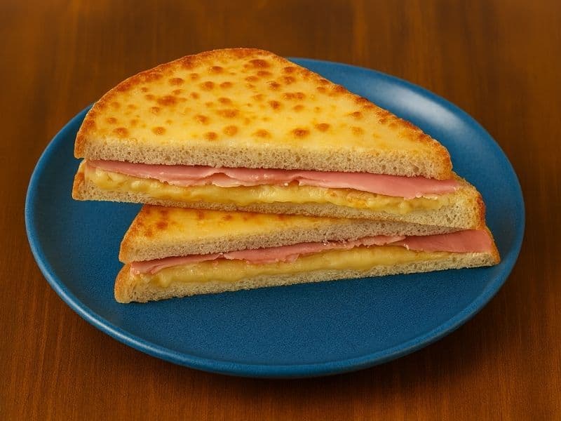 A golden toasted ham and cheese sandwich cut into triangles and stacked on a blue plate, set on a wooden table with warm, natural lighting.