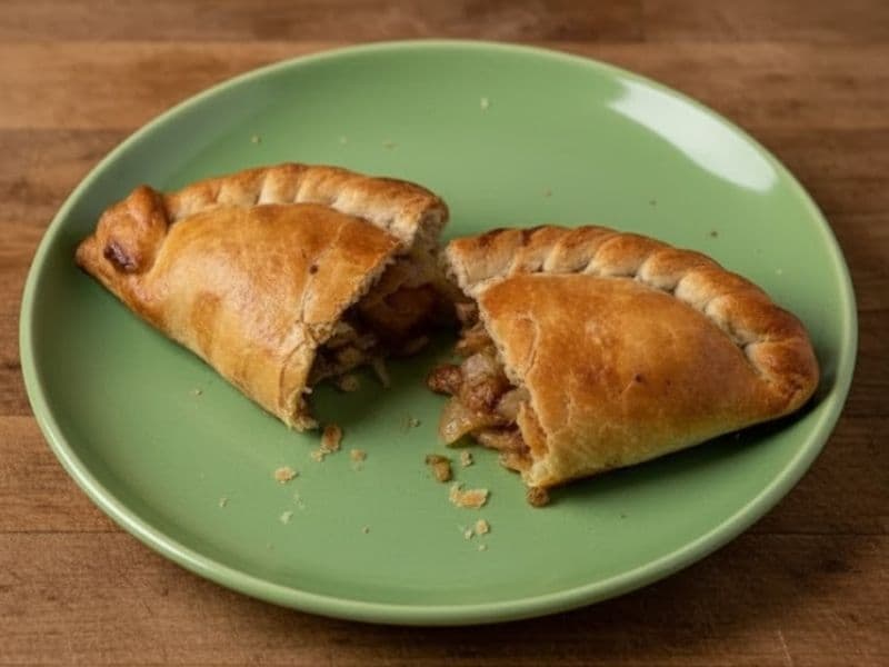 A Vegan Steakless Pasty with a golden-brown, crimped crust is cut in half on a round, light green plate. The filling, visible in the center, consists of a mixture of vegetables and plant-based 'steak' pieces. The plate rests on a wooden surface.