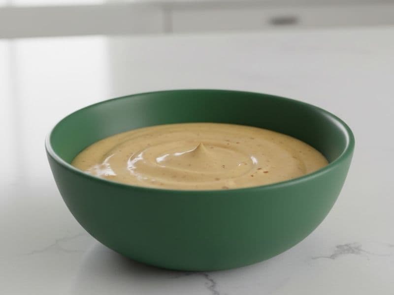 A dark green bowl filled with creamy yellow honey mustard sauce, speckled with fine red seasoning. The sauce has a smooth, glossy swirl and sits on a clean white marble kitchen countertop under soft natural light.