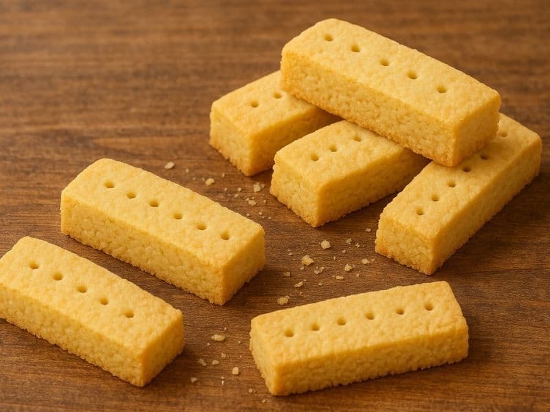 Golden buttery shortbread fingers stacked and scattered on a rustic wooden countertop, showing their crumbly texture and lightly browned edges in warm natural light.