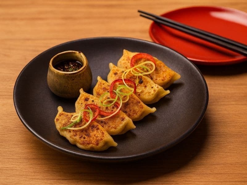 Wagamama beef and kimchee gyoza arranged on a dark plate, garnished with sliced red chili and spring onions, served with a small pot of dipping sauce on a wooden table.