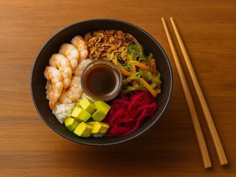 Yo! Sushi King Prawn Poké Bowl — juicy prawns served over sushi rice with avocado, pickled cabbage, crispy onions, and seaweed salad, accompanied by soy dressing in a black bowl with chopsticks on a wooden counter.