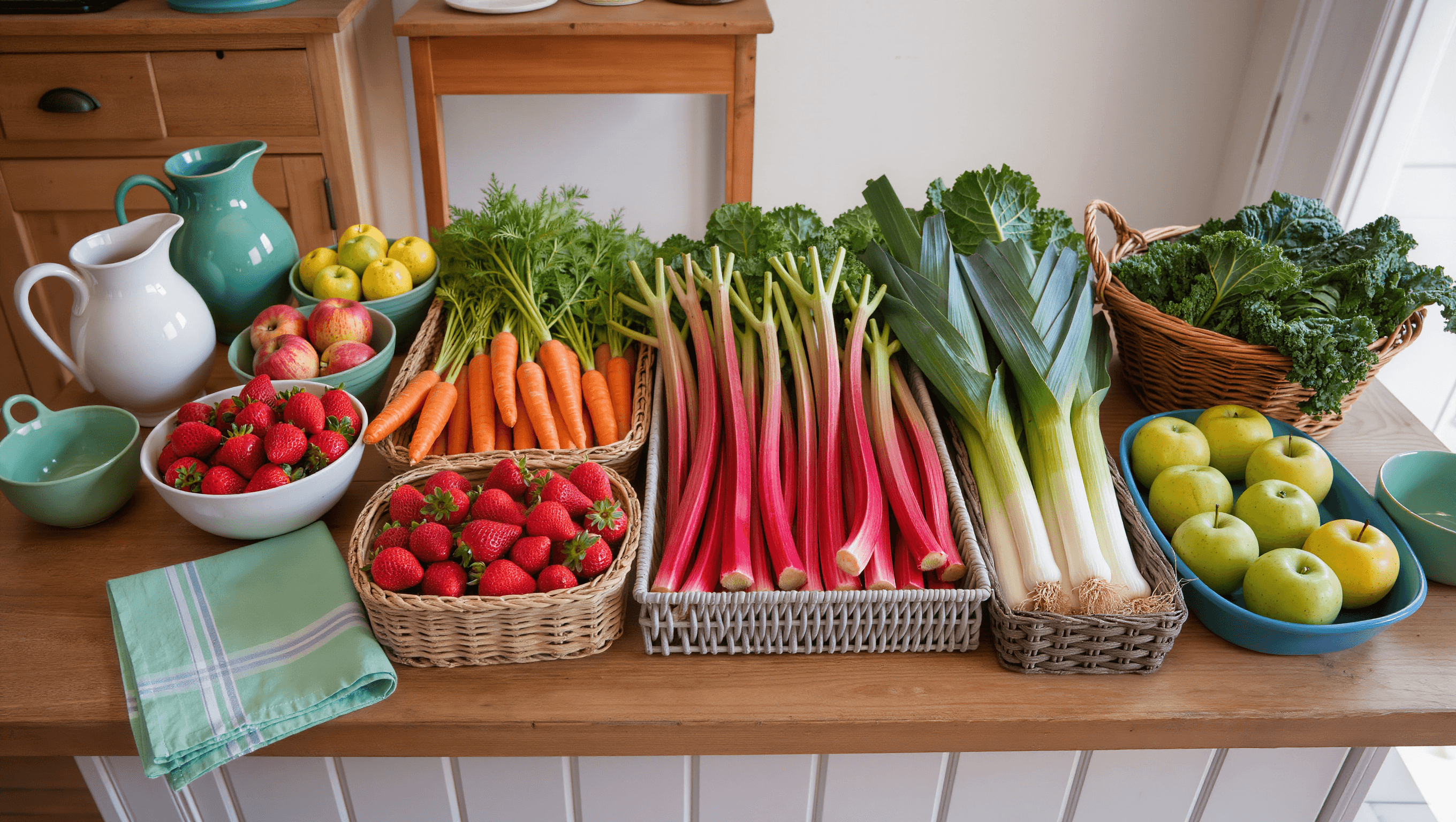 Seasonal British fruit and vegetables arranged on a rustic kitchen table.