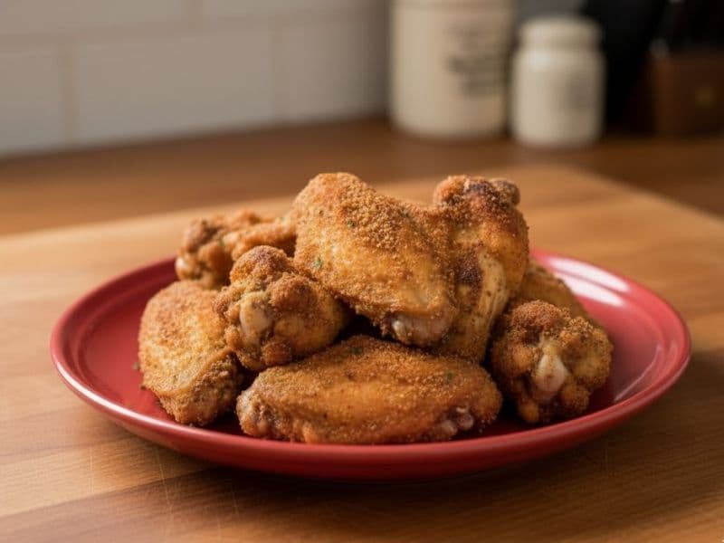 Louisiana-rubbed chicken wings from Wingstop on a red plate, sitting on a wooden counter.