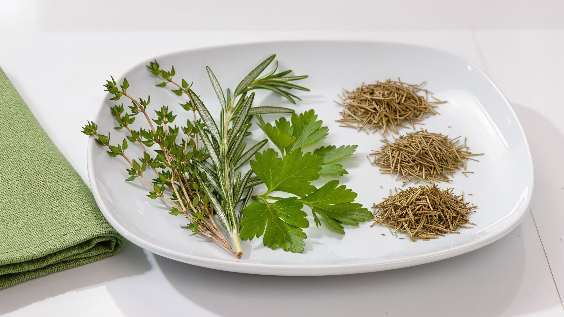 Fresh and dried herbs side by side showing colour and texture differences