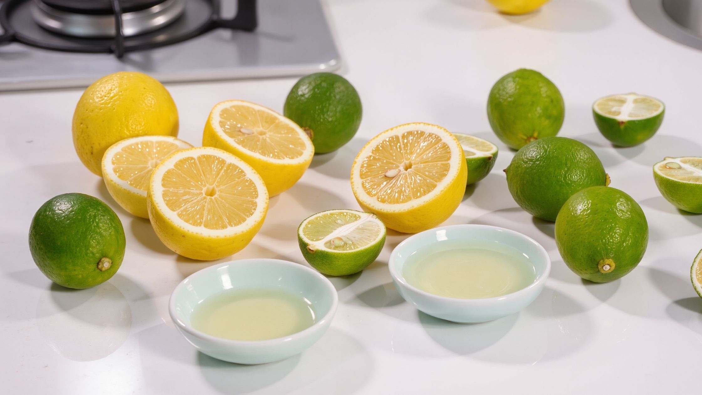 Fresh citrus fruits beside assorted vinegars showing natural sources of acidity.