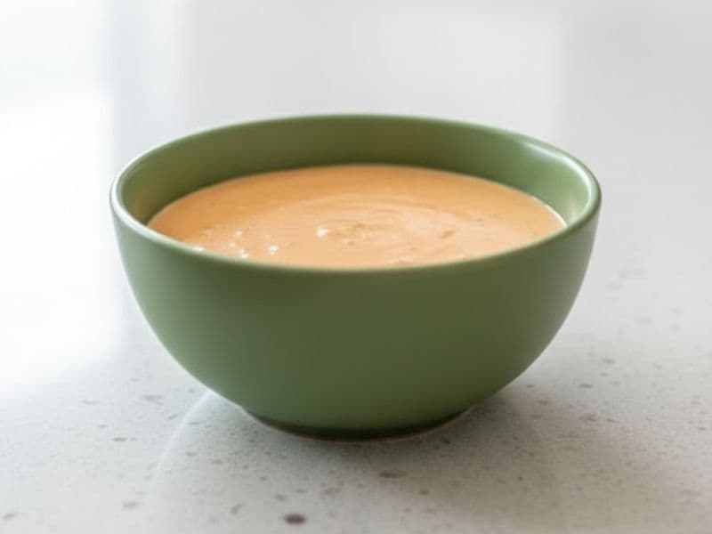 A green bowl filled with creamy orange subway chipotle southwest sauce on a bright, white kitchen countertop.