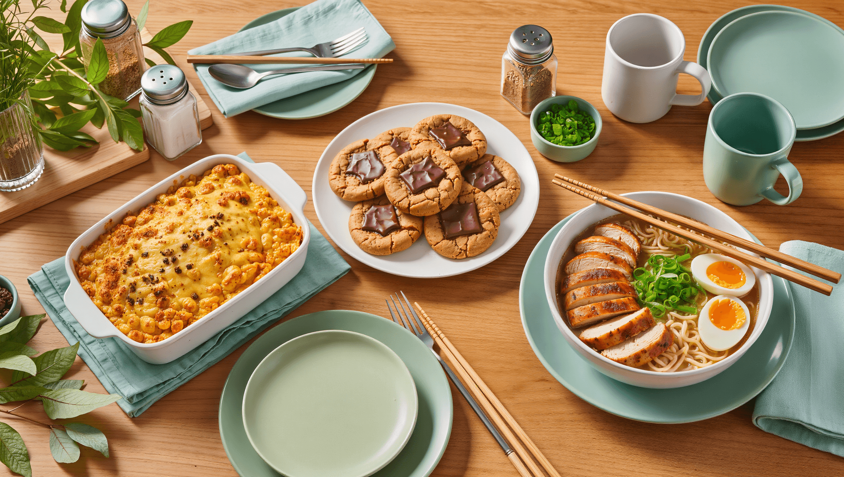 Overhead view of a wooden kitchen table with three homemade restaurant-style dishes: a golden Pret-style mac and cheese in a white baking dish, a plate of Costa-style chocolate chunk cookies, and a bowl of Wagamama-style chicken ramen topped with sliced chicken, soft-boiled egg, and spring onions. The scene includes mint-green plates, chopsticks, mugs, and fresh herbs for a cozy UK home kitchen feel