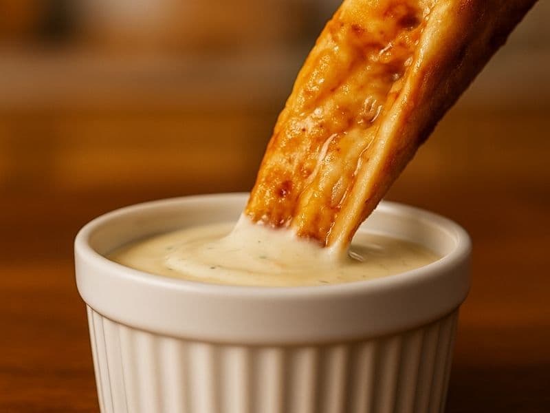 A slice of cheesy pizza being dipped into a pot of creamy Domino’s garlic and herb dip, set on a wooden kitchen counter with a softly blurred background.
