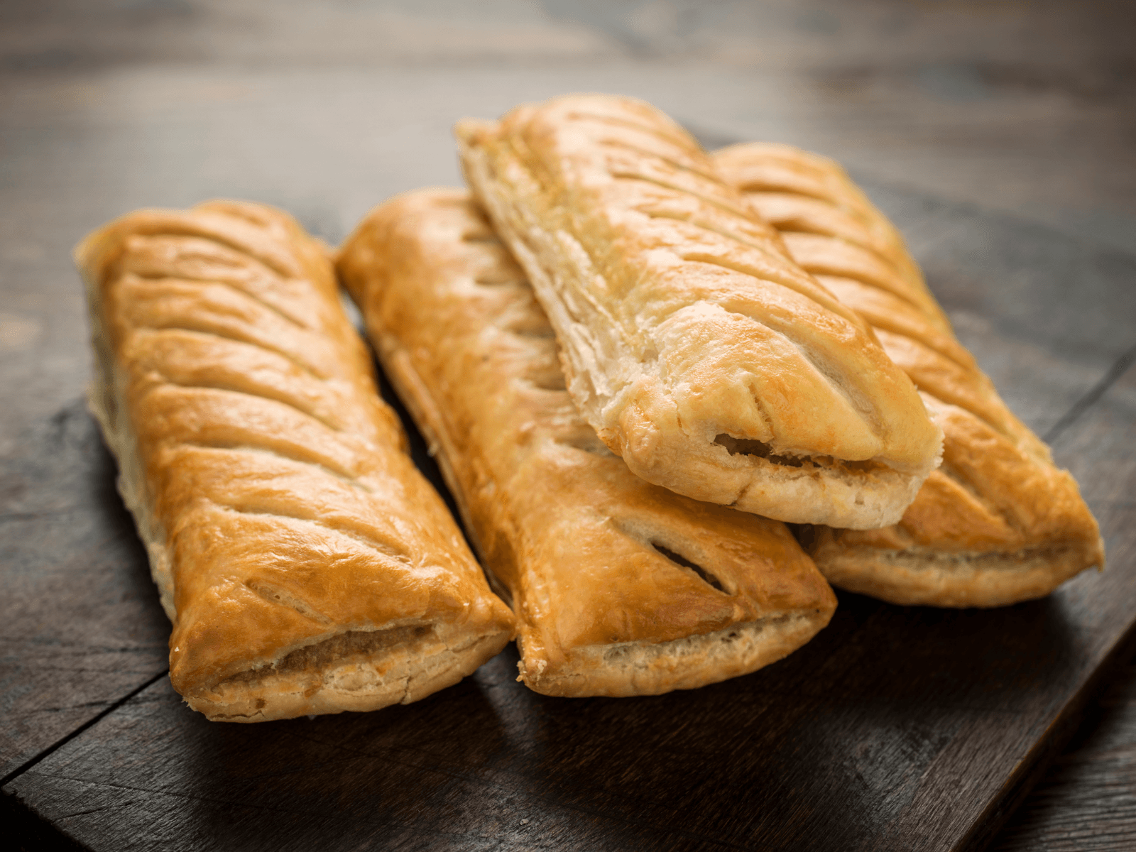 Homemade Greggs-style sausage roll on baking tray