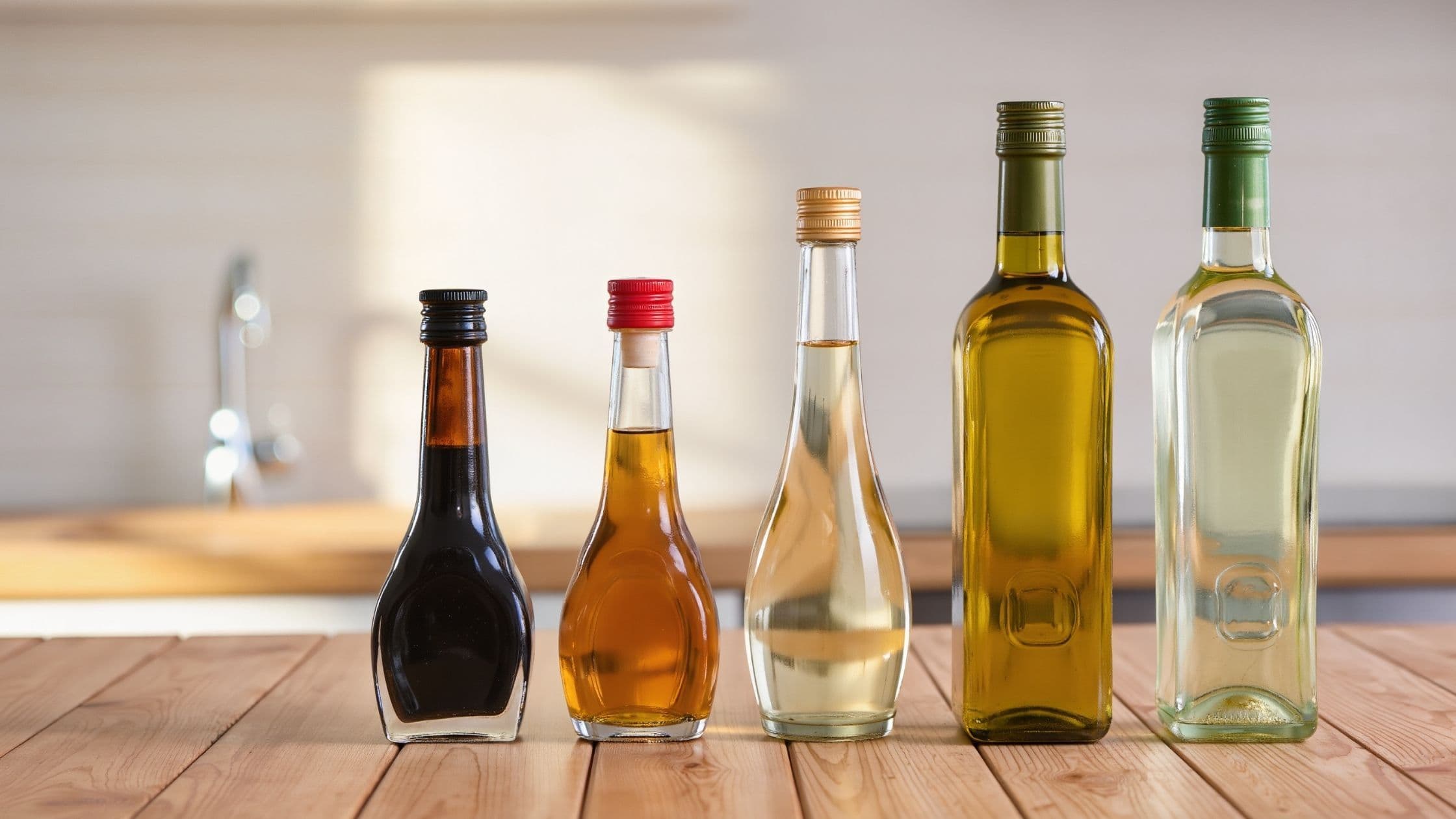 Selection of UK cooking vinegars in glass bottles with reflections on kitchen counter.