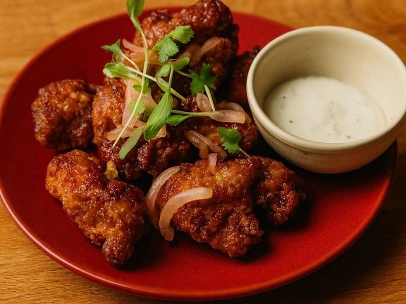Close-up of Wagamama-style hot honey teriyaki fried chicken on a red plate, coated in a glossy sweet-spicy glaze, garnished with pickled onions and microgreens, served beside a small bowl of creamy dipping sauce on a warm wooden countertop.