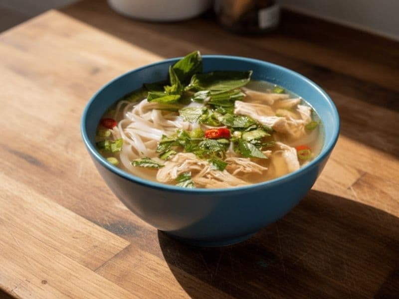 A warm bowl of chicken pho in a blue bowl, filled with rice noodles, shredded chicken, fresh herbs, sliced chili, and spring onions, sitting on a wooden kitchen countertop in natural daylight.