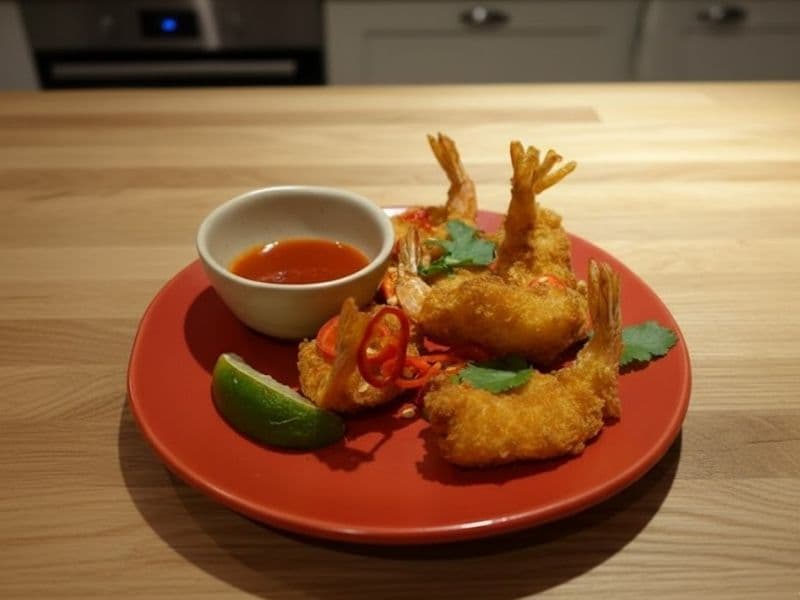 Close-up of four breaded and fried Ebi Katsu prawns, garnished with chili slices and cilantro, served on a plate with a side bowl of red dipping sauce and a lime wedge.