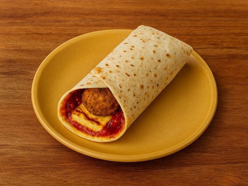 A Pret A Manger Falafel and Halloumi Hot Wrap on a yellow plate, showing golden-brown halloumi, falafel, and tomato sauce on a wooden countertop.