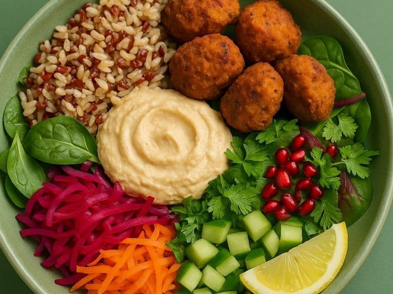 A colourful Pret-style humous and falafel mezze salad in a green bowl, featuring sweet potato falafel, creamy humous, brown rice with red quinoa, pickled carrots and cabbage, cucumber, pomegranate seeds, herbs, and a lemon wedge on a green background.