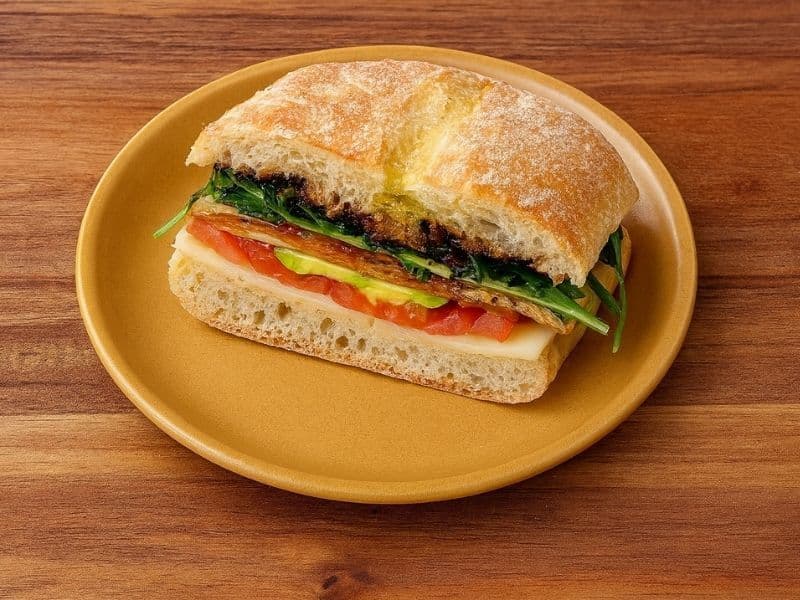 A Pret A Manger Veggie Breakfast Ciabatta sandwich on a yellow plate, filled with tomato, avocado, cheese, greens, and balsamic glaze, placed on a wooden countertop.