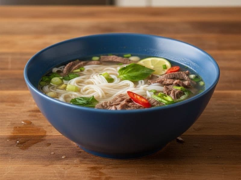 A steaming bowl of beef brisket pho in a blue bowl, filled with rice noodles, slices of tender beef brisket, fresh basil leaves, red chili, spring onions, and a lime wedge, served on a wooden countertop.