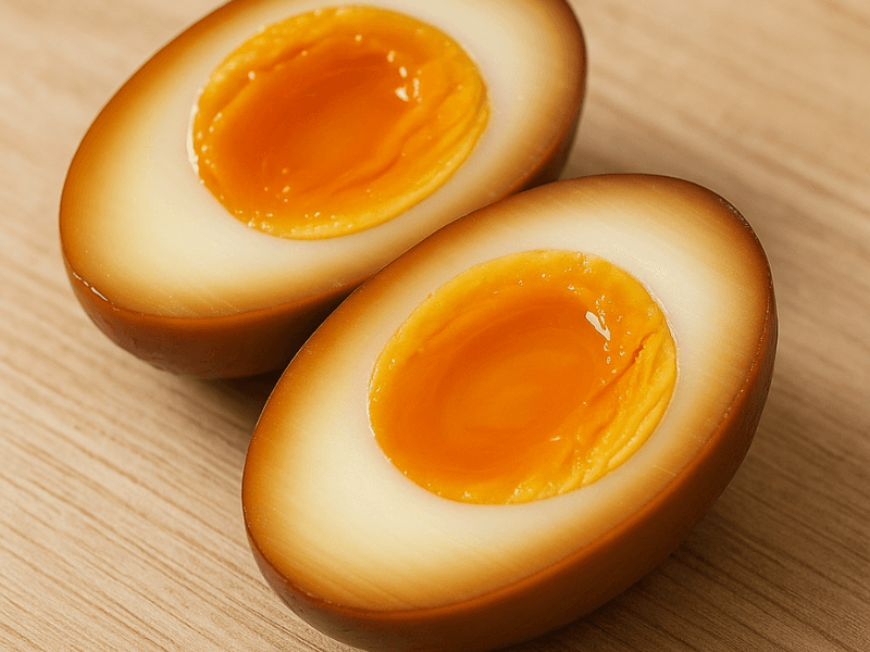Close-up of two Wagamama-style tea-stained eggs sliced in half on a wooden surface, showing glossy soy-marinated exteriors and soft jammy yolks in warm, natural light.