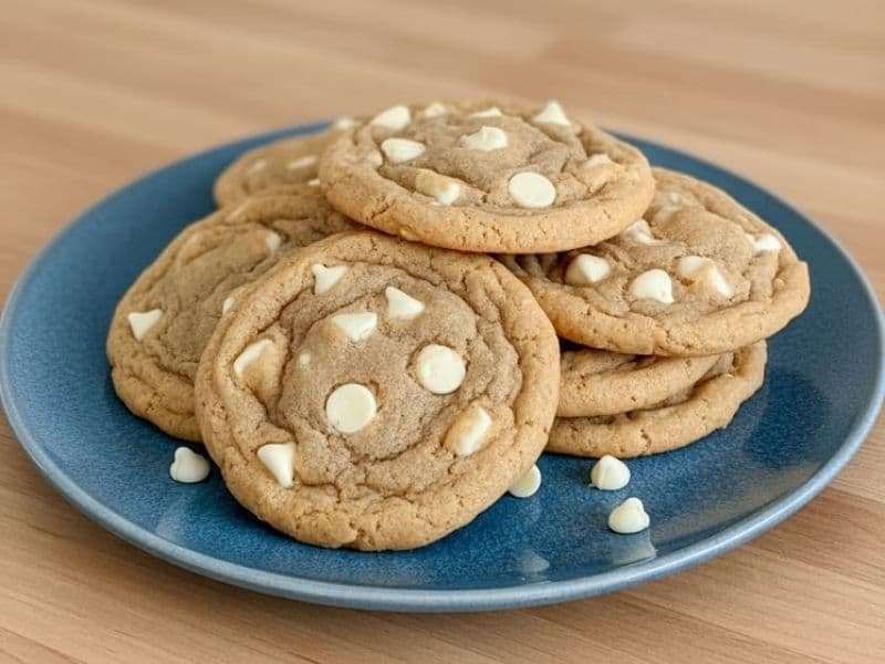 A blue plate stacked with golden brown white chocolate macadamia cookies on a light wooden countertop. The cookies are soft and chewy with visible white chocolate chips on top, photographed in bright natural daylight.