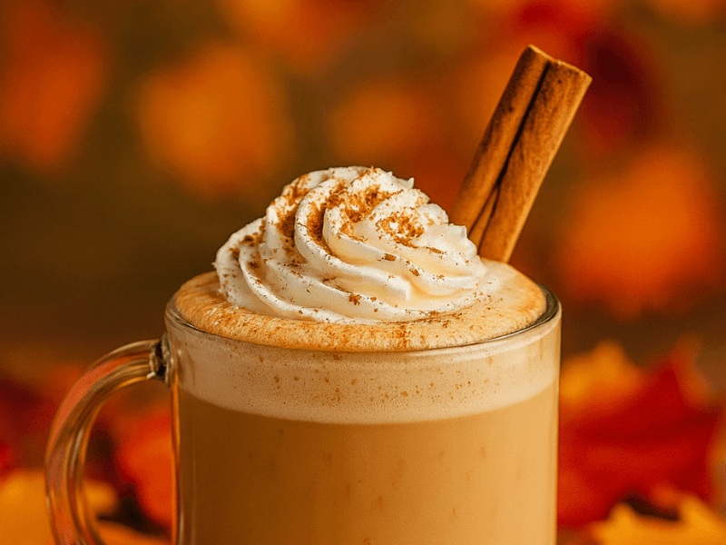 A glass mug of pumpkin spice latte topped with whipped cream, cinnamon, and a cinnamon stick, surrounded by warm autumn leaves on a rustic background