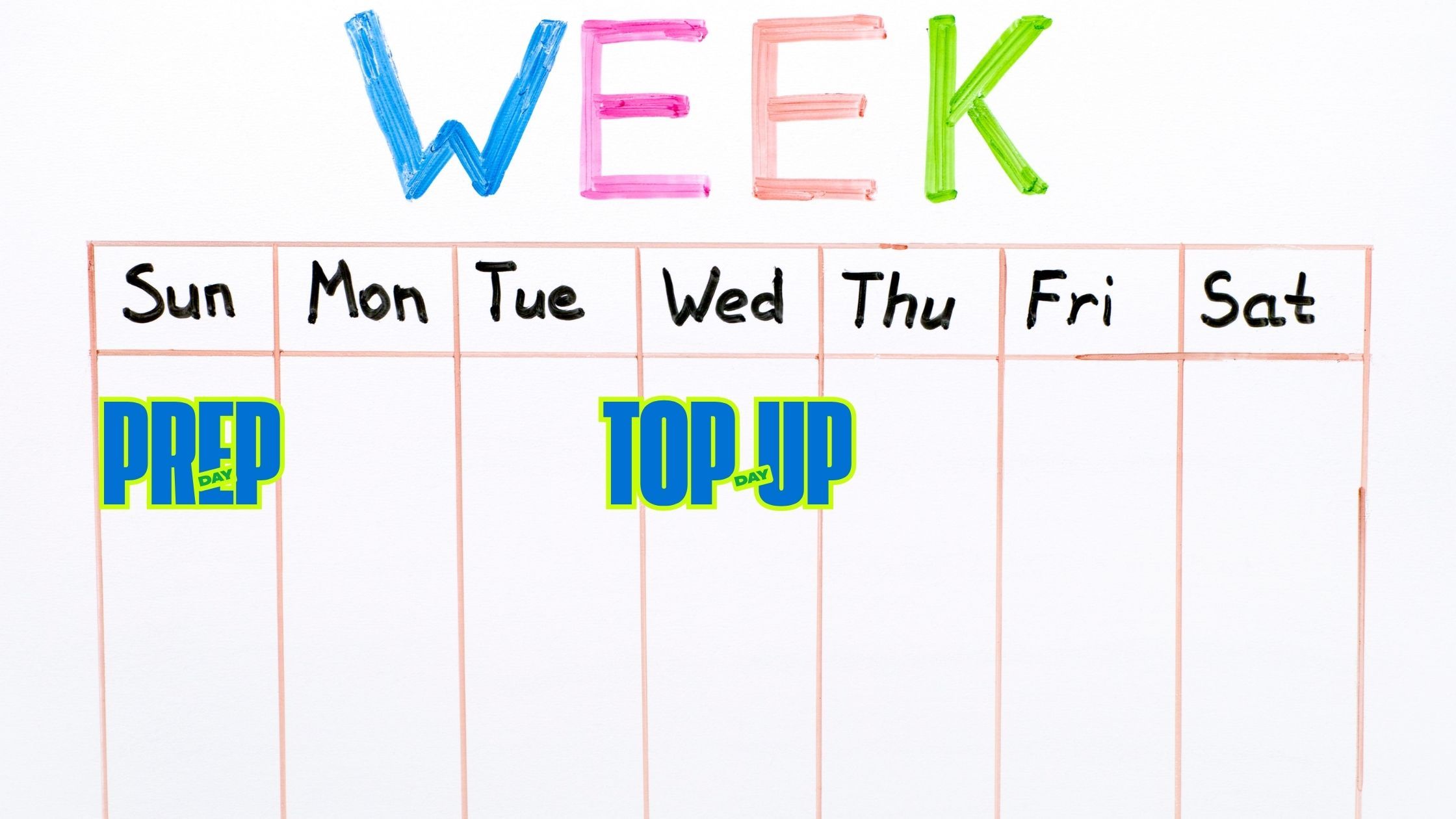 Calendar planner on a kitchen wall showing “Prep Day – Sunday” and “Top-up – Wednesday.”