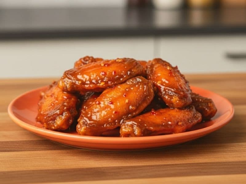 Wingstop-style Mango Habanero chicken wings coated in a glossy orange glaze with red chili flecks, neatly stacked on an orange plate on a wooden kitchen countertop.