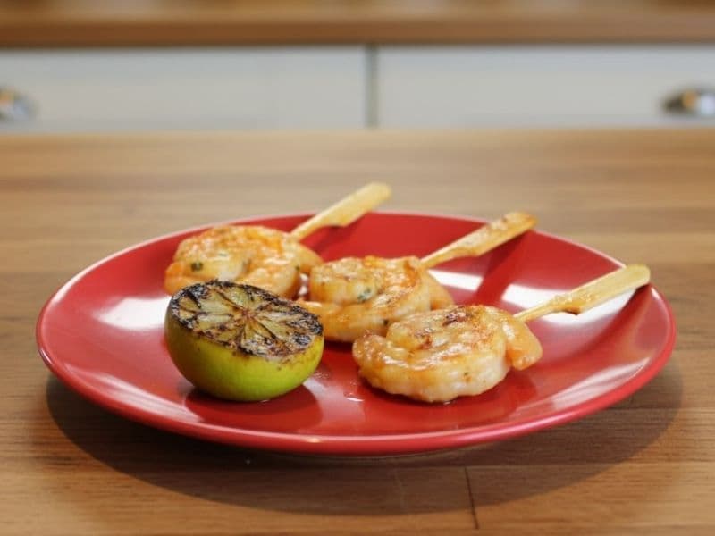 Three grilled prawn skewers (kushiyaki) with a half of a charred lime, served on a bright red plate on a wooden kitchen countertop.