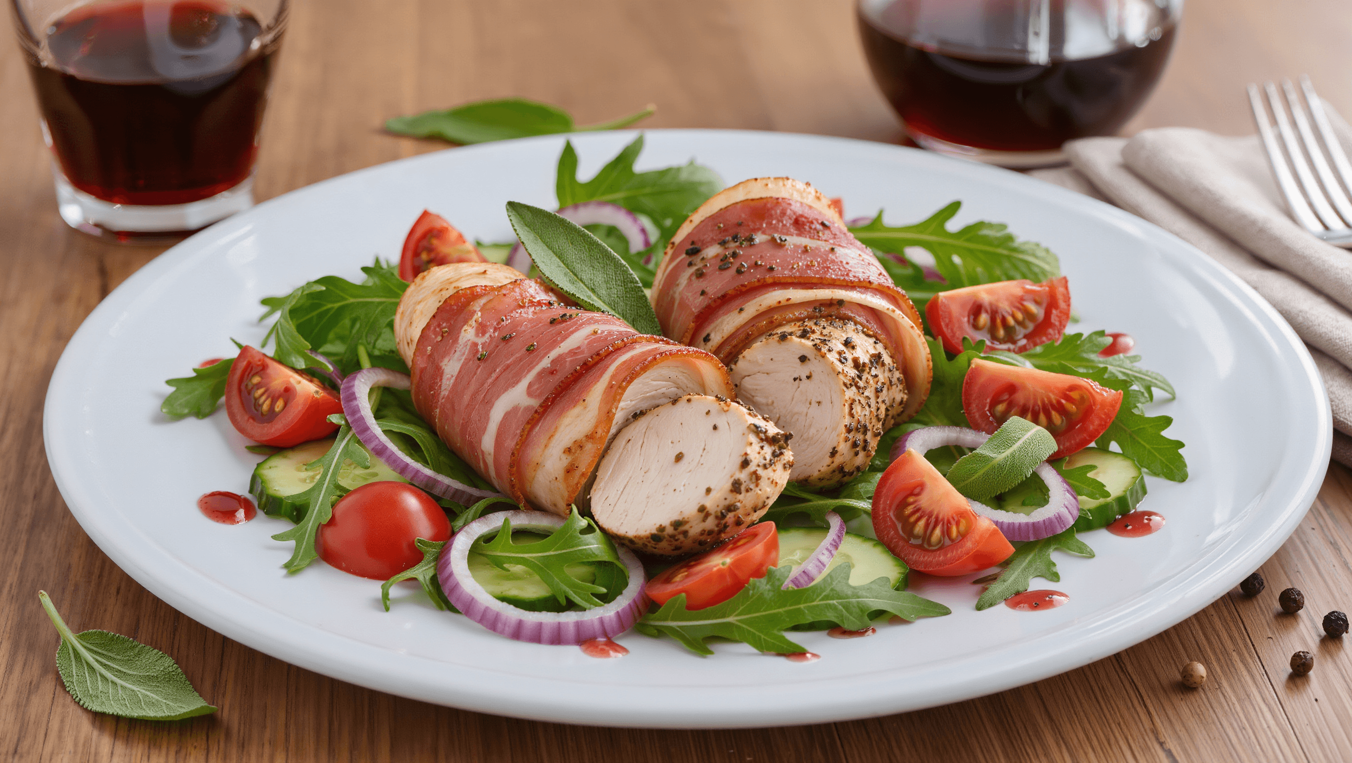 Pollo Prosciutto: Two pieces of prosciutto-wrapped chicken breast, seasoned and sliced, presented on a bed of fresh greens and vegetables, including arugula, tomatoes, cucumber, and red onion.