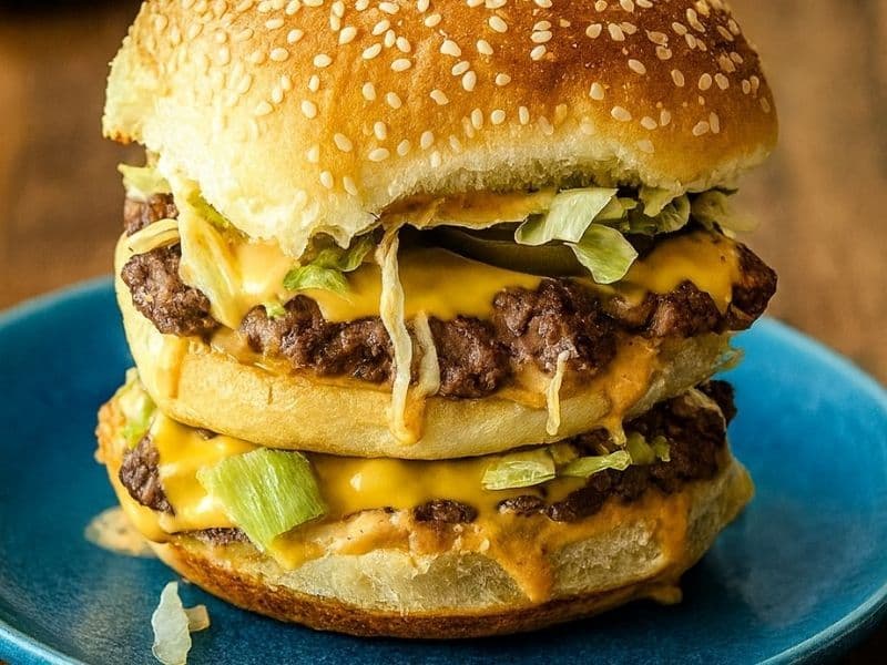 A homemade Big Mac burger sits on a blue plate atop a wooden table, showing two beef patties layered with melted cheese, shredded lettuce, pickles, and creamy special sauce in a sesame seed bun.
