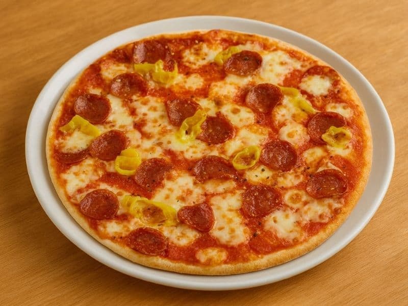 A freshly baked PizzaExpress American Hot pizza on a white plate over a wooden tabletop, topped with melted mozzarella, spicy pepperoni, jalapeños, and tomato sauce with a golden crisp crust.