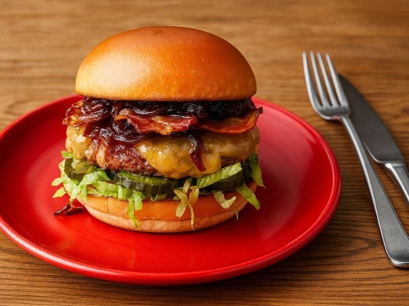 A juicy Honest Burger copycat served on a bright red plate placed on a wooden countertop, featuring layers of shredded lettuce, sliced pickles, melted cheddar cheese, crispy bacon, and caramelised red onion relish in a toasted brioche bun, with a knife and fork neatly placed beside the plate.