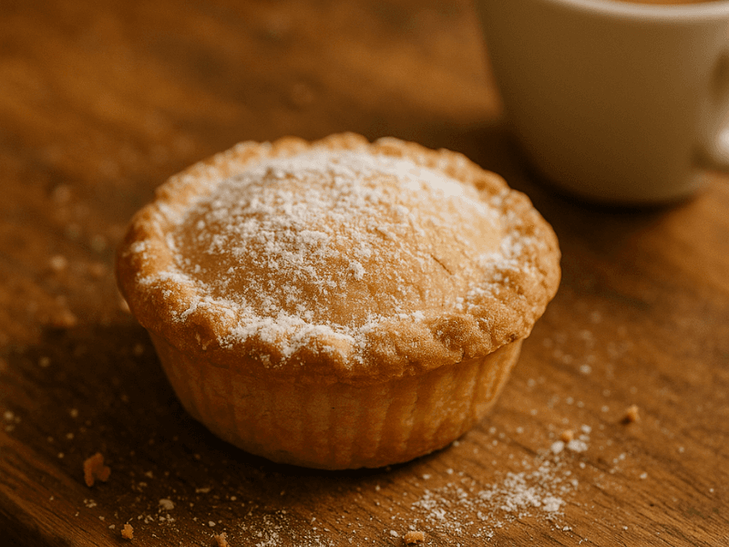 A golden Costa-style all butter mince pie on a wooden kitchen counter, lightly dusted with icing sugar and surrounded by scattered crumbs, with a cup of coffee blurred in the background under warm natural light.