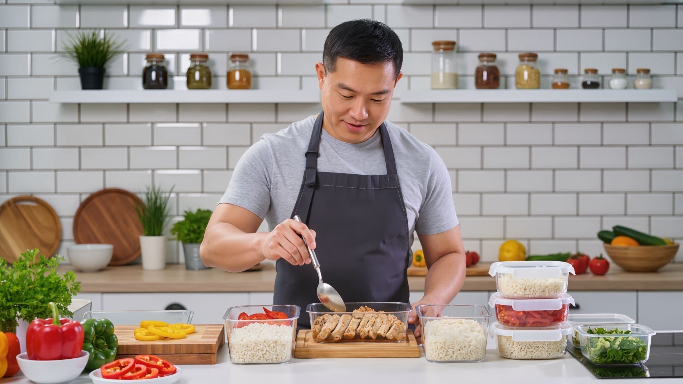 Person meal prepping in a bright modern kitchen, portioning cooked chicken into glass containers surrounded by rice, peppers, and vegetables on a wooden countertop.